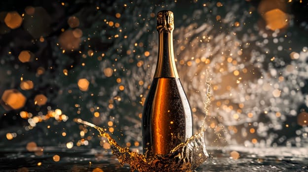 Champagne splash over a full golden bottle. Celebration background. AI generated