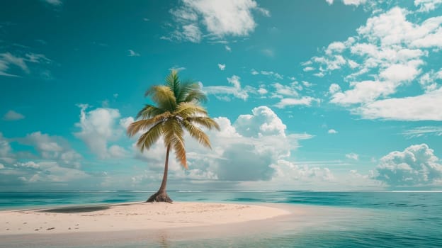 Lonely palm tree on a small sandy island in the middle of blue water in a calm ocean. Tropical getaway concept. AI generated