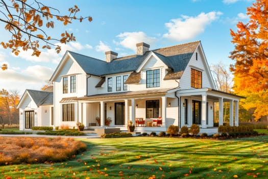 Modern farmhouse home exterior with white walls and roof shingles on  sunny autumn day. AI generated