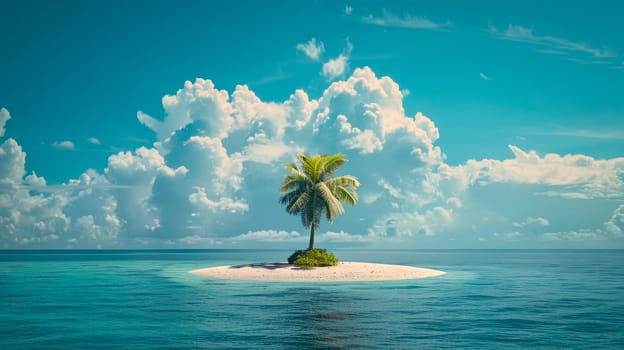 Lonely palm tree on a small sandy island in the middle of blue water in a calm ocean. Tropical getaway concept. AI generated