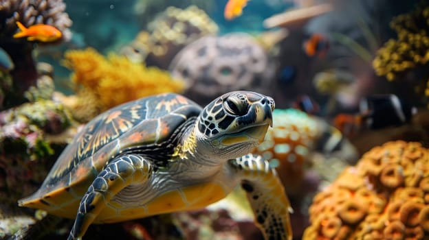 Underwater marine wildlife. A turtle floating over corals under water surface with sun on it. AI generated