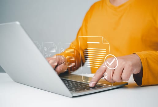 Businessman checks transaction documents or electronic contract documents, Prepare check and approve concept, Check electronic documents on digital documents and checklist approval.