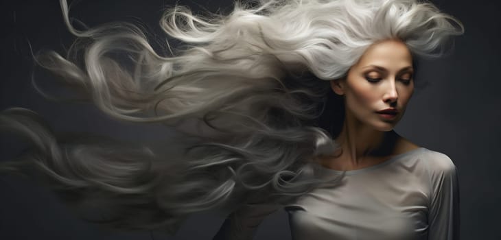 Dramatic image of a woman with swirling silver hair and a gaze that captivates.