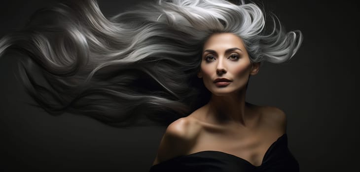 Dramatic image of a woman with swirling silver hair and a gaze that captivates.