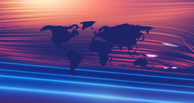Graphical world map with wave lines at sky, communication and technology concept-3d illustration