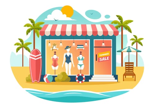 Swimwear Vector Illustration featuring a Variety of Bikini and Swimsuit Designs for Both Women and Men at the Summer Beach in a Flat Style Background