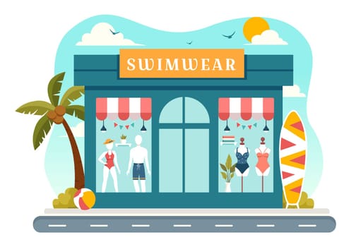 Swimwear Vector Illustration featuring a Variety of Bikini and Swimsuit Designs for Both Women and Men at the Summer Beach in a Flat Style Background