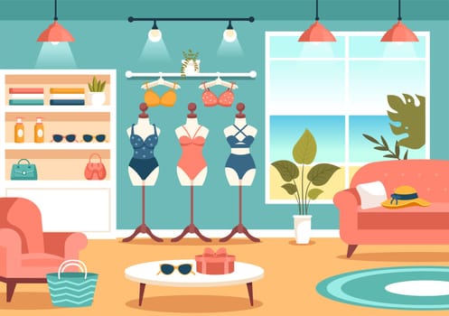 Swimwear Vector Illustration featuring a Variety of Bikini and Swimsuit Designs for Both Women and Men at the Summer Beach in a Flat Style Background