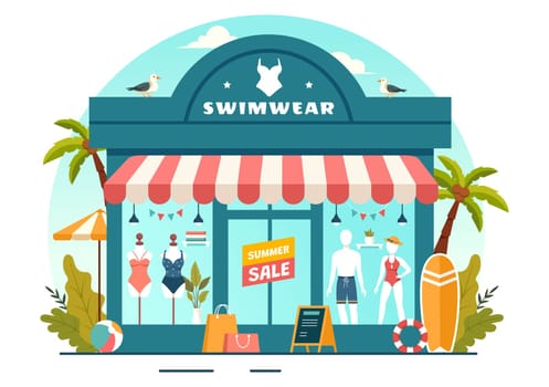 Swimwear Vector Illustration featuring a Variety of Bikini and Swimsuit Designs for Both Women and Men at the Summer Beach in a Flat Style Background