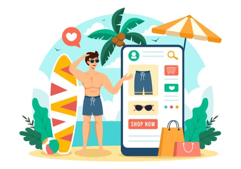 Swimwear Vector Illustration featuring a Variety of Bikini and Swimsuit Designs for Both Women and Men at the Summer Beach in a Flat Style Background