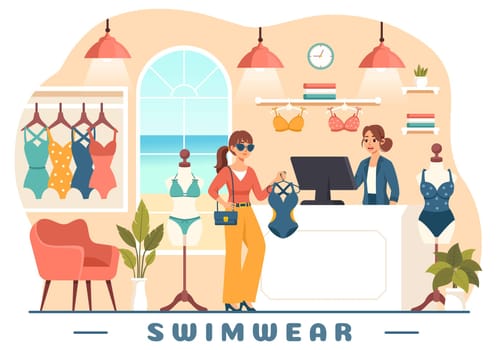 Swimwear Vector Illustration featuring a Variety of Bikini and Swimsuit Designs for Both Women and Men at the Summer Beach in a Flat Style Background