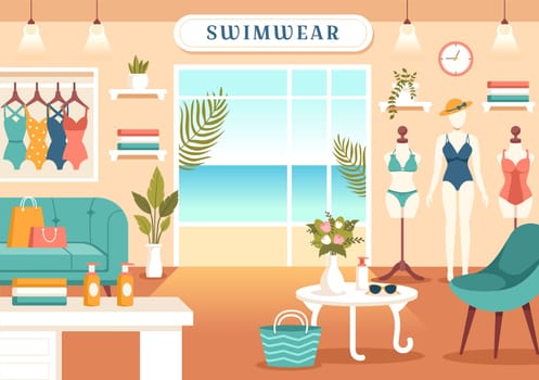 Swimwear Vector Illustration featuring a Variety of Bikini and Swimsuit Designs for Both Women and Men at the Summer Beach in a Flat Style Background