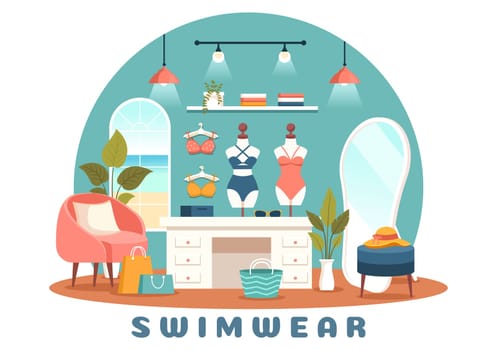 Swimwear Vector Illustration featuring a Variety of Bikini and Swimsuit Designs for Both Women and Men at the Summer Beach in a Flat Style Background