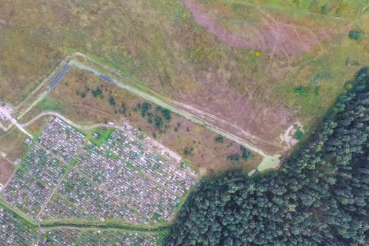 Top view of the village, fields and forests near the village