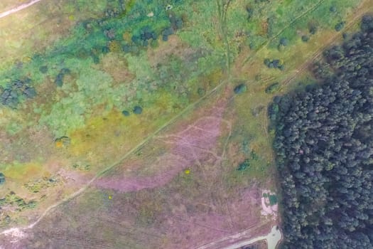 Top view of the village, fields and forests near the village