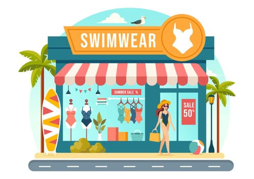 Swimwear Vector Illustration featuring a Variety of Bikini and Swimsuit Designs for Both Women and Men at the Summer Beach in a Flat Style Background