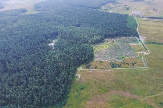 Top view of the village, fields and forests near the village