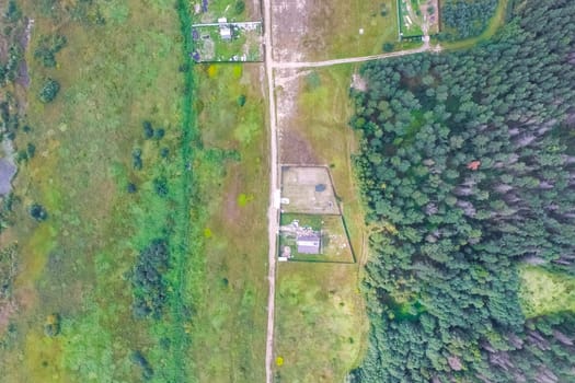 Top view of the village, fields and forests near the village