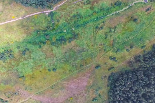 Top view of the village, fields and forests near the village