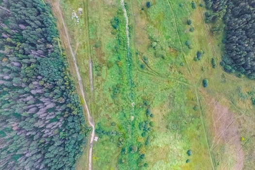 Top view of the village, fields and forests near the village