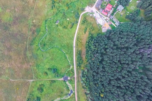 Top view of the village, fields and forests near the village