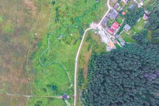 Top view of the village, fields and forests near the village