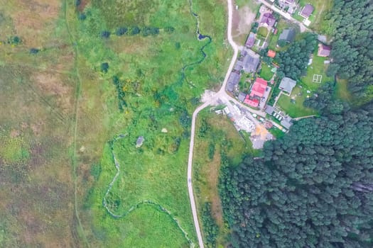 Top view of the village, fields and forests near the village
