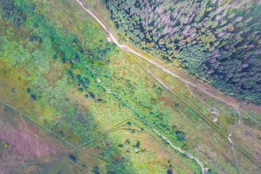 Top view of the village, fields and forests near the village
