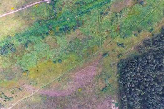 Top view of the village, fields and forests near the village