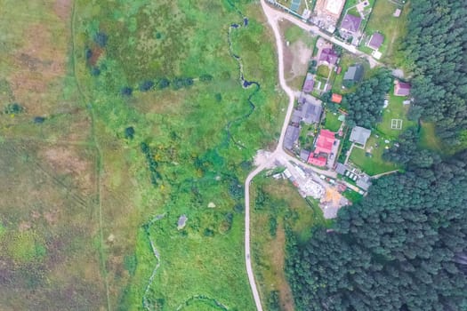 Top view of the village, fields and forests near the village