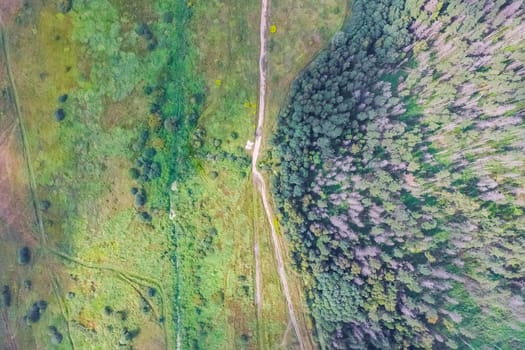 Top view of the village, fields and forests near the village
