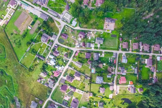 Top view of the village, fields and forests near the village