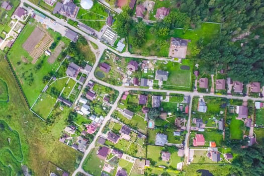 Top view of the village, fields and forests near the village