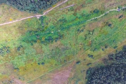 Top view of the village, fields and forests near the village