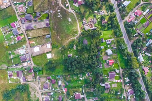 Top view of the village, fields and forests near the village