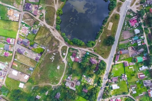 Top view of the village, fields and forests near the village