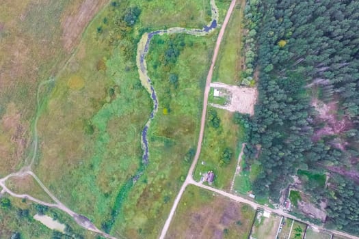 Top view of the village, fields and forests near the village