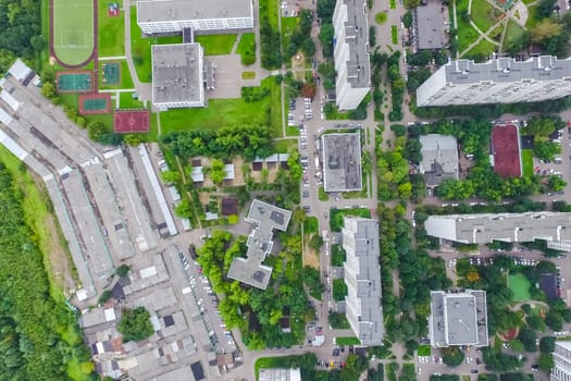 Top view of the city of Moscow, buildings and roads and other infrastructure of the city. Cityscape view from above.