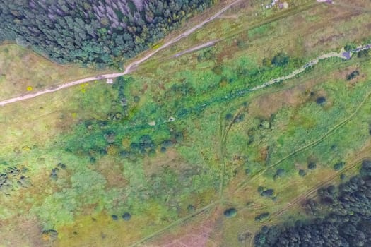 Top view of the village, fields and forests near the village