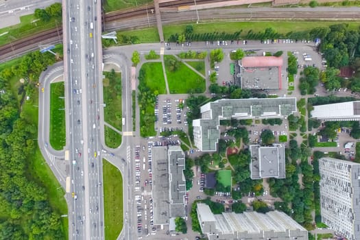 Top view of the city of Moscow, buildings and roads and other infrastructure of the city. Cityscape view from above.
