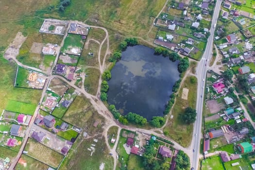 Top view of the village, fields and forests near the village