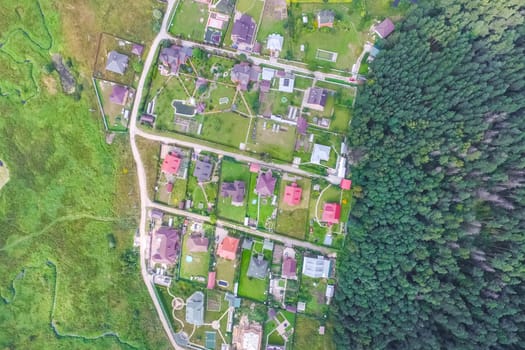 Top view of the village, fields and forests near the village