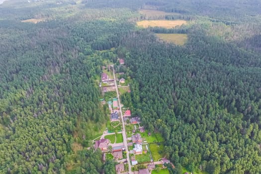 Top view of the village, fields and forests near the village