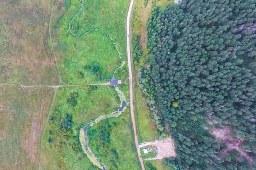 Top view of the village, fields and forests near the village