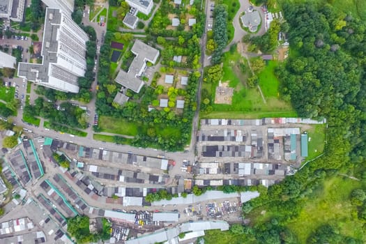 Top view of the city of Moscow, buildings and roads and other infrastructure of the city. Cityscape view from above.