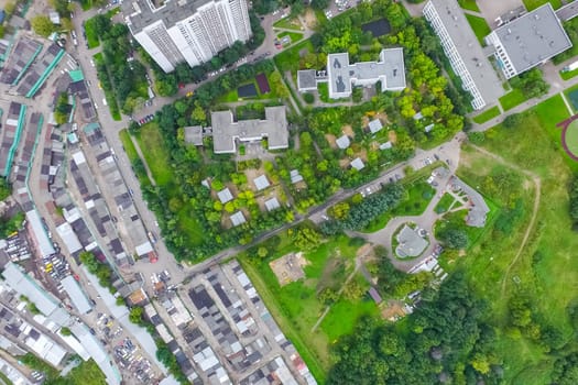 Top view of the city of Moscow, buildings and roads and other infrastructure of the city. Cityscape view from above.