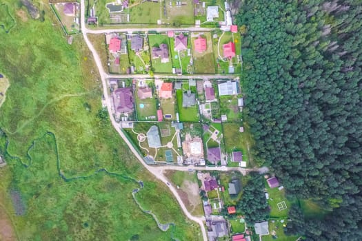 Top view of the village, fields and forests near the village