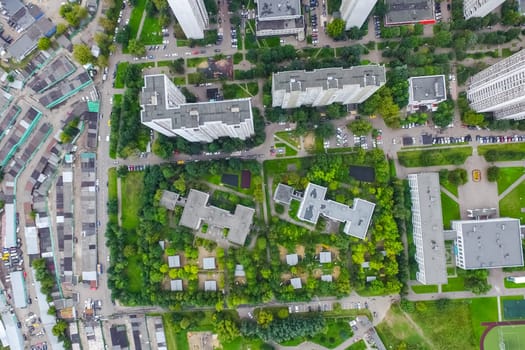 Top view of the city of Moscow, buildings and roads and other infrastructure of the city. Cityscape view from above.