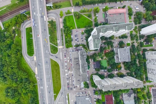 Top view of the city of Moscow, buildings and roads and other infrastructure of the city. Cityscape view from above.