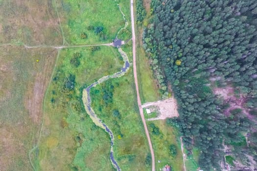 Top view of the village, fields and forests near the village